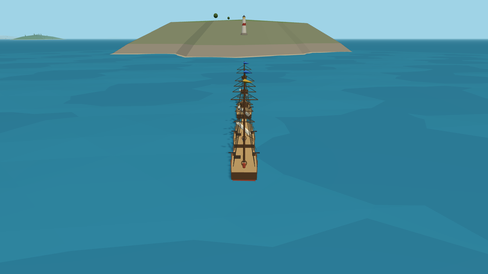 Ein Segelschiff vor einer bewaldeten Insel